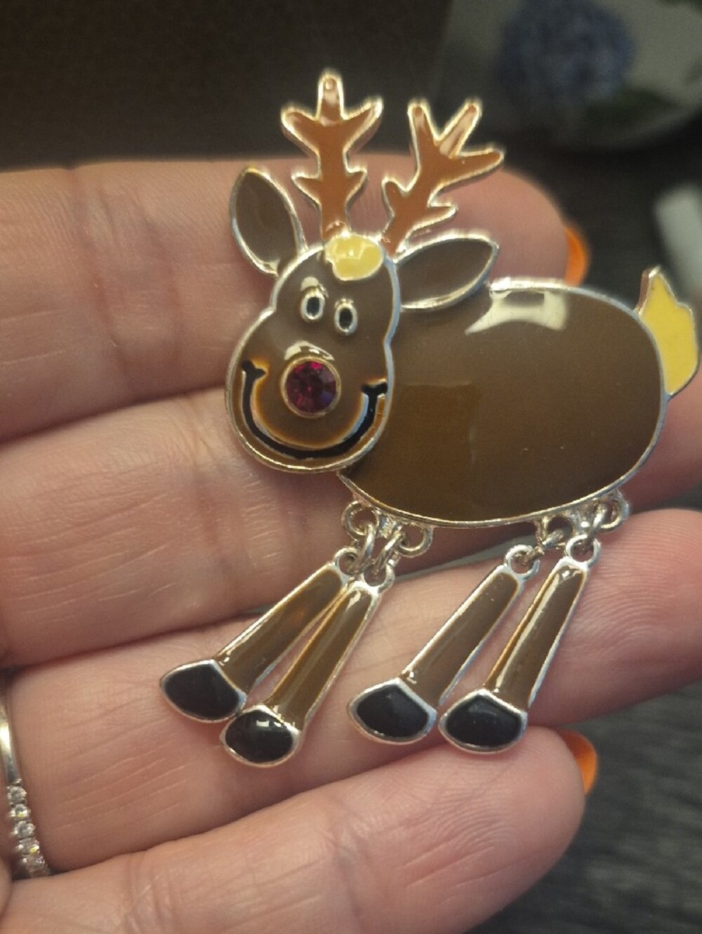 Vintage Rudolph Reindeer Brooch Articulated Legs Red Crystal Nose - Picture 4 of 4